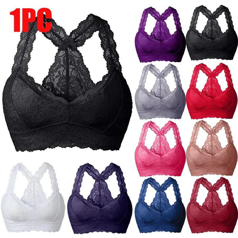 Women Plus Size Vest Bra Crop Wire Free Bras Lingerie Sexy V Neck Underwear Embroidery Sexy Lace Solid Color Bralette S 3XL