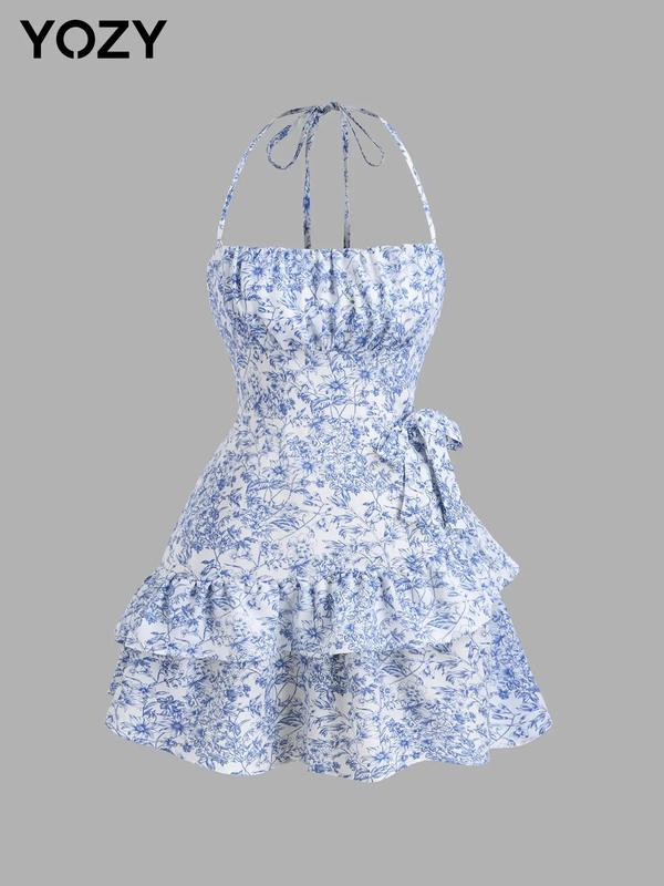 YOZY Ditsy Floral Print Ruffle Trim Dress, Casual Sleeveless Spaghetti Strap Bow Tie Dress, 2024 Women's Summer Outfits for Beach, Holiday, Vacation