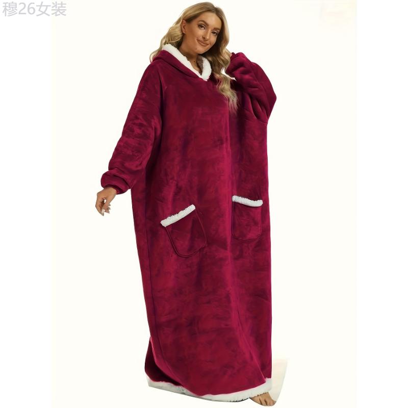 Plus Size Womens Flannel Loungewear Robe - Super Soft Hooded Wearable Blanket with Pockets for Cozy Casual Days Fabric Sleeve