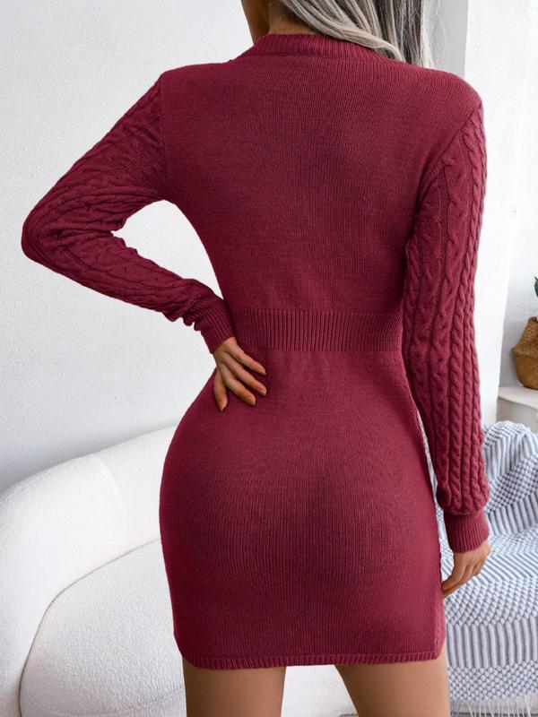 Women's Plain Cut Out Boat Neck Cable Knit Sweater Dress, Elegant Textured Long Sleeve Bodycon Knit Dress, Women's Knitwear For Daily Wear