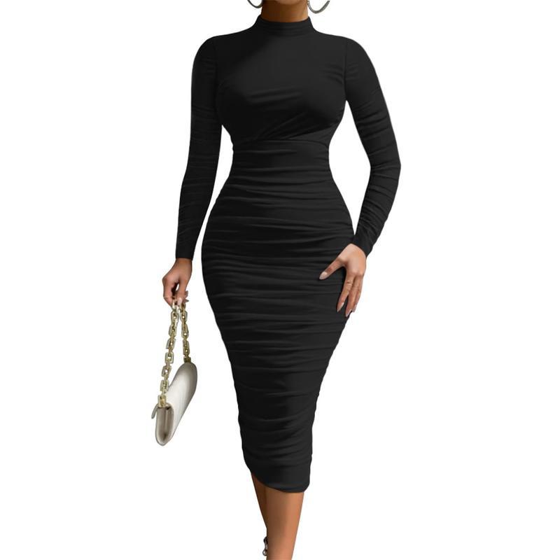 Alt Chic Women's Cocktail Bodycon Long Sleeve Mock Neck Mesh Ruched Midi Party Dress Formal Womenswear Comfortable Polyester Comfort Workwear Formal Wear Basic Elegant