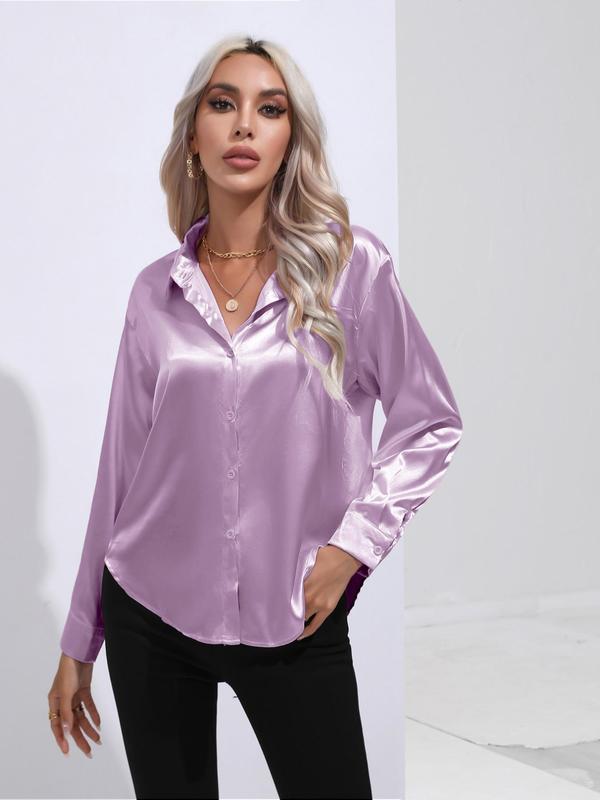 Women's Collar Button Front Silky Blouse, Elegant Long Sleeve Button Down Shirt, Fall Clothing Women, Ladies Shiny Top Daily Wear