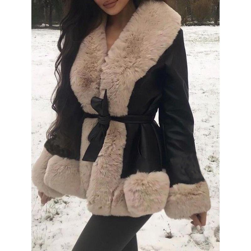 Women Casual Contrast Color Plush Collar Warm Cardigan with Belt Outwear Streetwear sports jacket detachable jacket