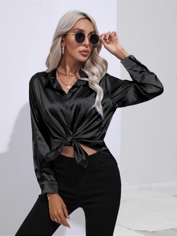 Women's Collar Button Front Silky Blouse, Elegant Long Sleeve Button Down Shirt, Fall Clothing Women, Ladies Shiny Top Daily Wear