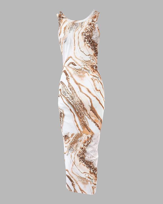 Chicme Marble Print Ribbed Drawstring Ruched High Slit Dress tankdress Satin Flutter Sleeve Wedding Guest Dress paris  hilton vma