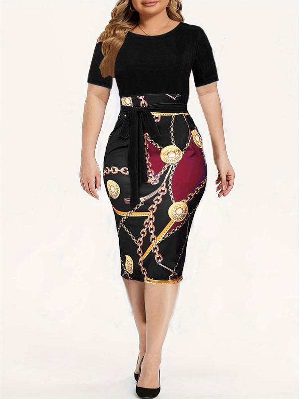 Women's Patchwork Chain Print Belted Bodycon Dress, Elegant Short Sleeve Midi Dress for Spring & Fall,  Women's Clothing, Dresses for Women, Ladies Clothes for Daily Outdoor Office Wear