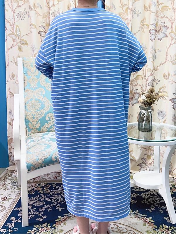 Women's Stripe & Pineapple Print Drop Shoulder Long Sleeve Nightdress, Casual Soft Comfortable Round Neck Nightgown for Spring & Fall, Women's Sleepwear for Indoor Wear