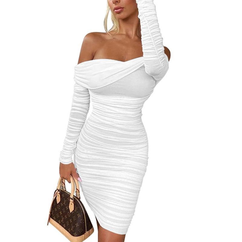 OYS Women's Sexy Elegant Ruffle Long Sleeve Off Shoulder Ruched Party Mini Dress Fabric Formal