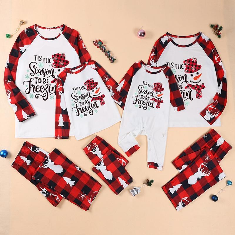 （Mom）Christmas Family Pajamas Matching Set, Snowman Letters Print T-shirt with Plaid Pants Sleepwear Loungewear Crewneck Long Sleeve