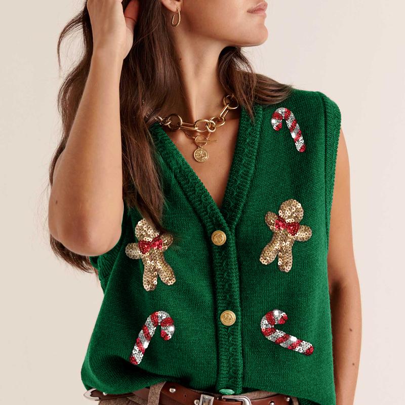 Women’s V Neck Knit Vest Christmas Sleeveless Sequin Embroidery Button Tank Tops Sweater Vest