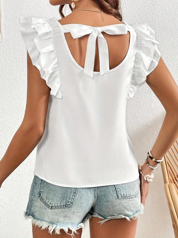 Women's Plain Ruffle Layered Butterfly Sleeve Blouse, Elegant Cap Sleeve Tie Back Top for Daily Wear, Ladies Clothes for All Seasons