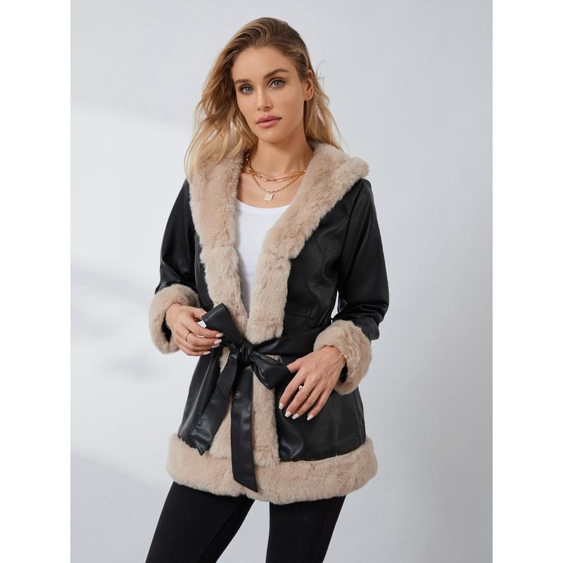 Women Casual Contrast Color Plush Collar Warm Cardigan with Belt Outwear Streetwear sports jacket detachable jacket