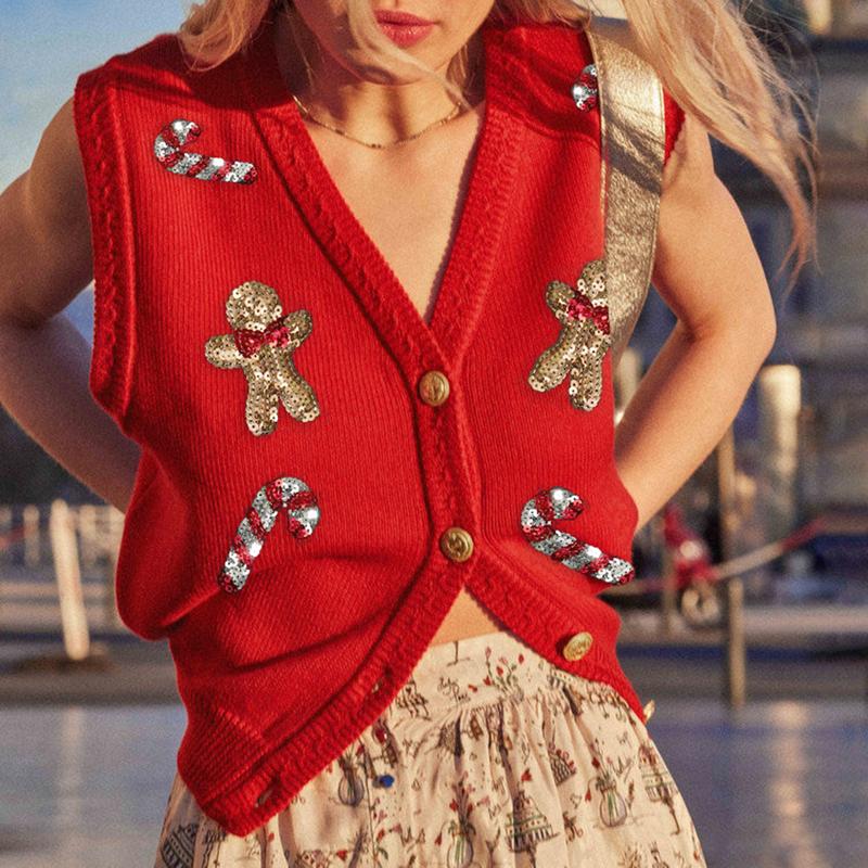 Women’s V Neck Knit Vest Christmas Sleeveless Sequin Embroidery Button Tank Tops Sweater Vest