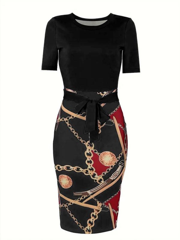 Women's Patchwork Chain Print Belted Bodycon Dress, Elegant Short Sleeve Midi Dress for Spring & Fall,  Women's Clothing, Dresses for Women, Ladies Clothes for Daily Outdoor Office Wear