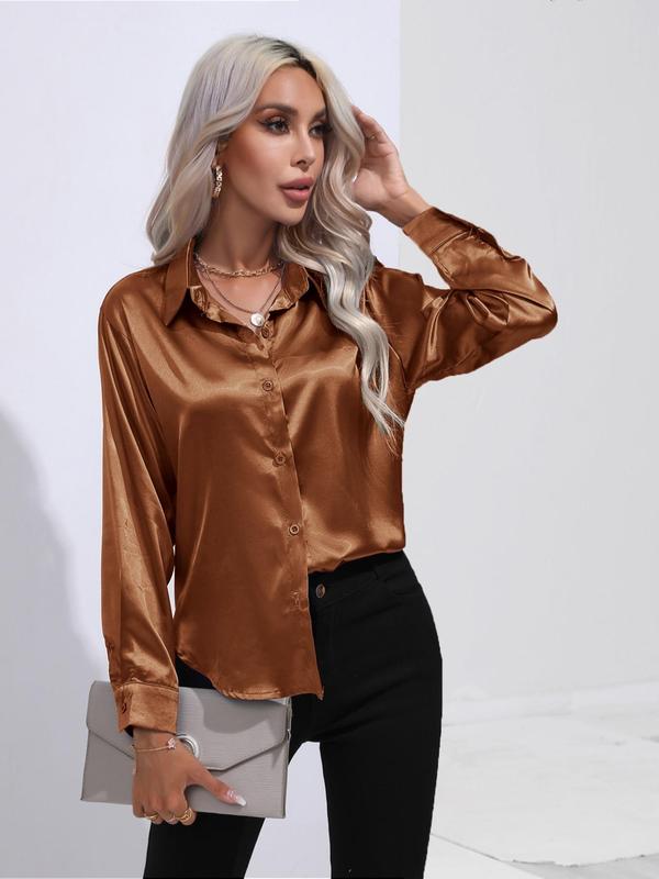 Women's Collar Button Front Silky Blouse, Elegant Long Sleeve Button Down Shirt, Fall Clothing Women, Ladies Shiny Top Daily Wear