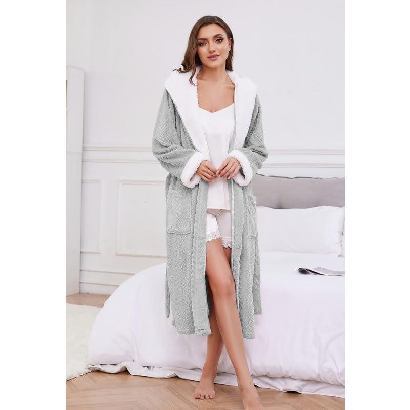 LYCY Womens Fluffy Hooded Robe, Soft Plush Womens Fleece Robe Long Warm Loungewear