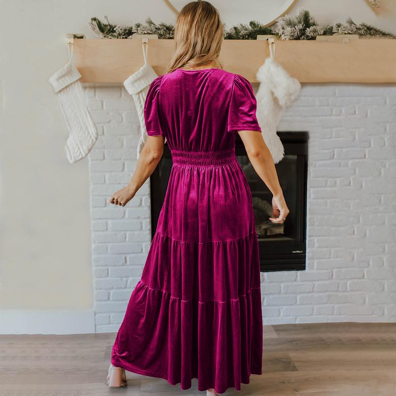 Women's Casual Red Dahlia Velvet Short Sleeve Shirred Waist Tiered Maxi Dress Christmas Party Formal Womenswear