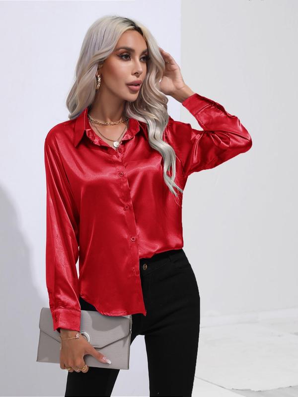 Women's Collar Button Front Silky Blouse, Elegant Long Sleeve Button Down Shirt, Fall Clothing Women, Ladies Shiny Top Daily Wear