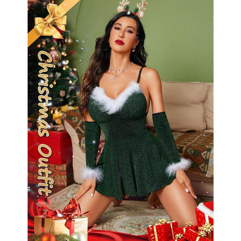 Christmas Lingerie Womens Sexy Santa Dress Babydoll Chemise Xmas Costume With Gloves S-XXL