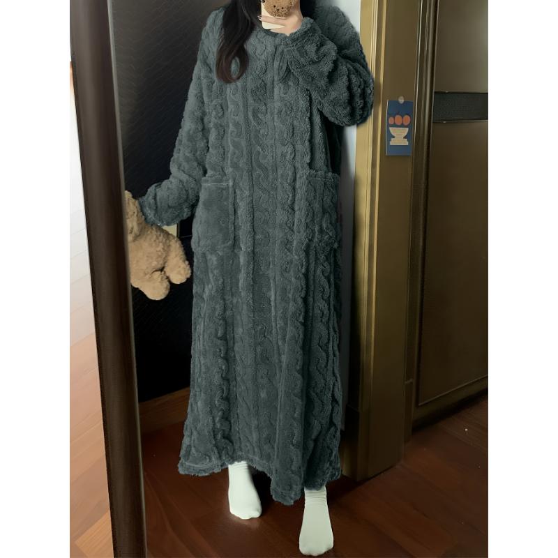 Cozy Long Sleeve Flannel Robe - Women's Warm Loungewear & Dresses for Fall Winter - Soft, Textured, Round Neck, Casual Style