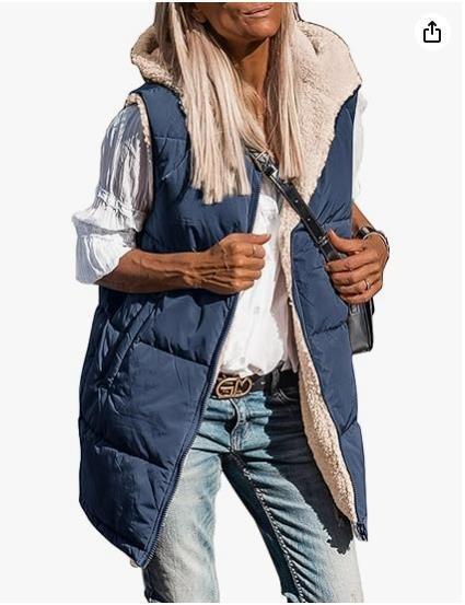 Women's Fall Reversible Vest Sleeveless Wool Jacket Zipper Hoodie Pocket Long Warm Winter Coat Long Puffy