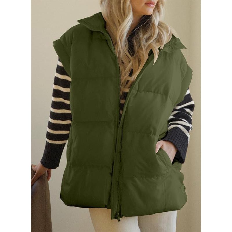 Women's Casual Winter Oversized Puffer Vest Stand Collar Flysleeve Insulated Padded Puffy Jackets Coat with Pockets