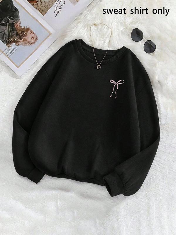 Women's Bow Print Drop Shoulder Sweatshirt, Casual Long Sleeve Crew Neck Pullover for Fall & Winter, Women's Clothes for Daily Wear