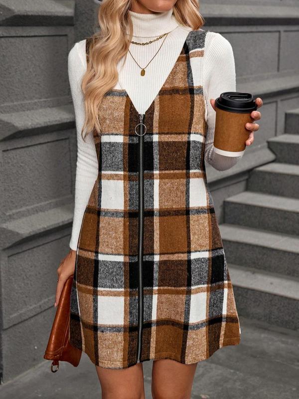 Women's 2 in 1 Patchwork Plaid Print Zipper Front High Neck Dress, Casual Fashion Dress for Daily Outdoor Wear, Women Dress for Fall and Winter