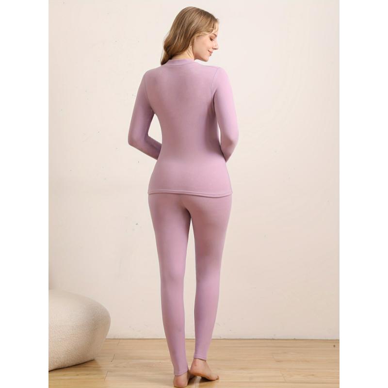 Dongdong shop 2 Pieces Plush Lined Thermal Women's Underwear Set - High Neck, Long Sleeve Top & Pants
