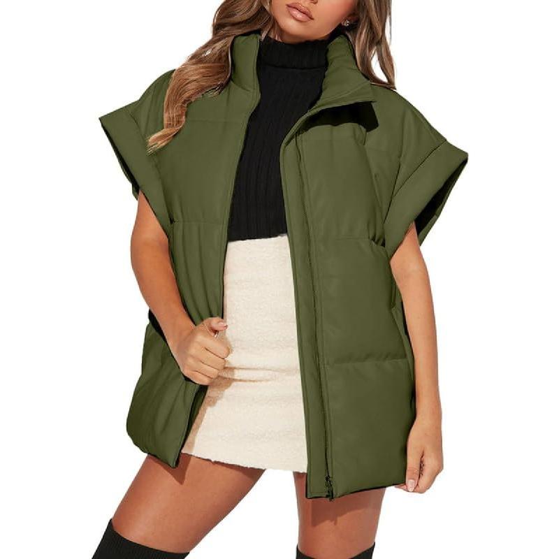 Women's Casual Winter Oversized Puffer Vest Stand Collar Flysleeve Insulated Padded Puffy Jackets Coat with Pockets