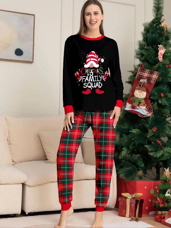 Christmas Themed Couple Pyjama Set, Casual Comfy Cartoon Print Long Sleeve Top & Plaid Print Pants Pajama Set, Couple Sleepwear for Spring & Fall