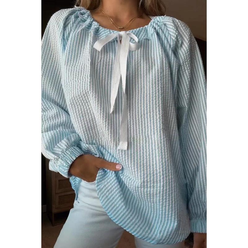 2024 Hot Sale Popular Women's Autumn and Winter Clothing Shirt Chiffon Shirt Casual Striped Lace-up Top