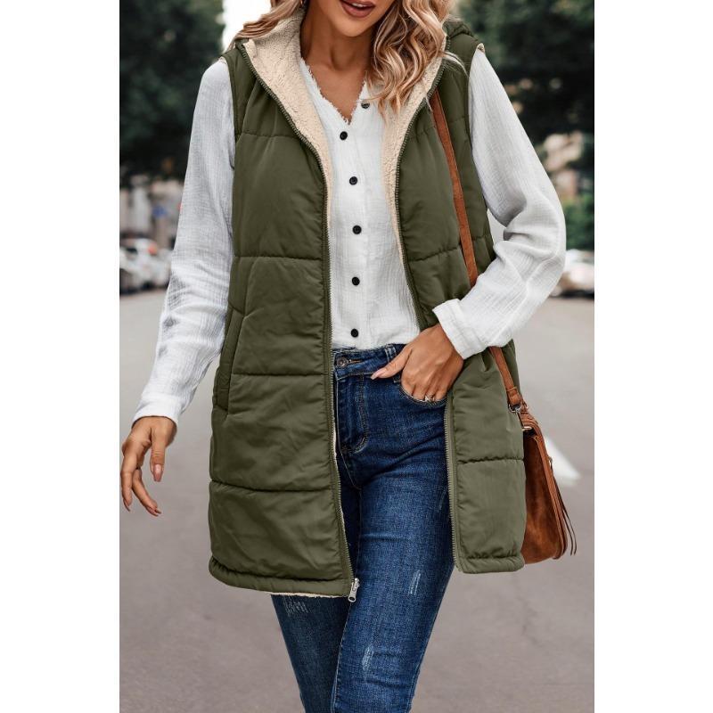 Women's 2024 Fall Reversible Vest Sleeveless Wool Jacket Zipper Hoodie Pocket Long Warm Winter Coat