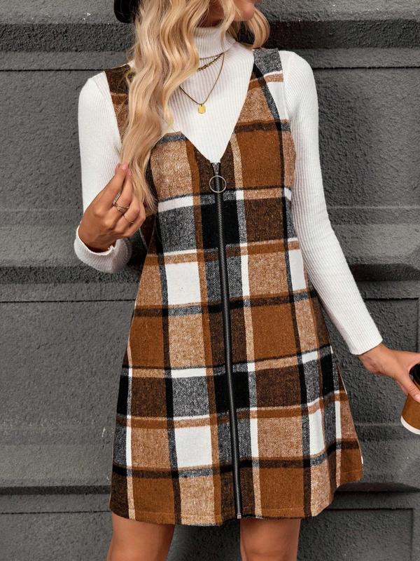 Women's 2 in 1 Patchwork Plaid Print Zipper Front High Neck Dress, Casual Fashion Dress for Daily Outdoor Wear, Women Dress for Fall and Winter