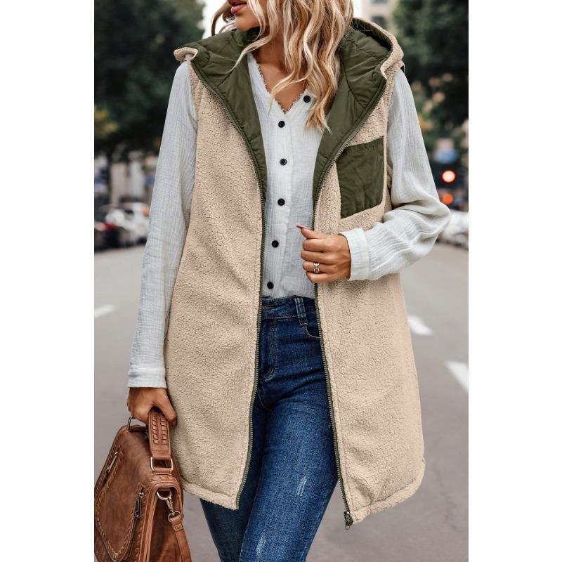 Women's 2024 Fall Reversible Vest Sleeveless Wool Jacket Zipper Hoodie Pocket Long Warm Winter Coat