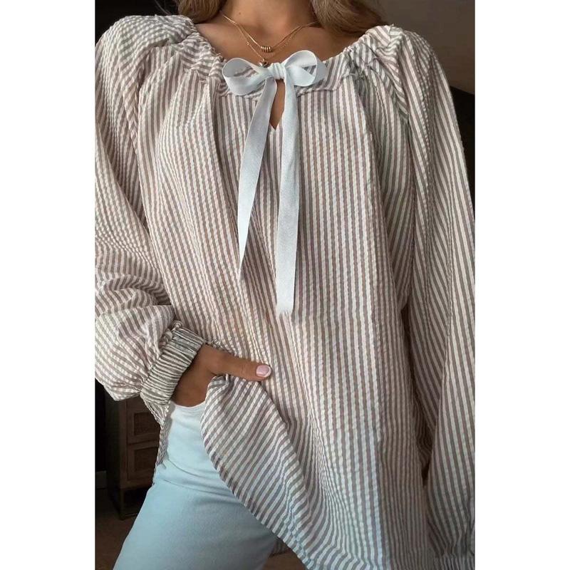 2024 Hot Sale Popular Women's Autumn and Winter Clothing Shirt Chiffon Shirt Casual Striped Lace-up Top