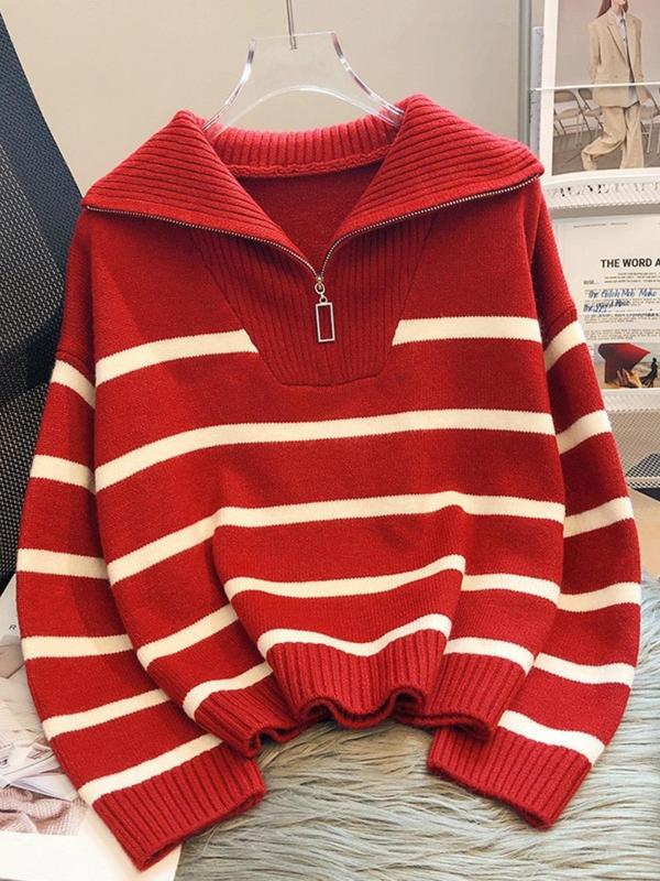 Womenswear Striped Print Half Zip Drop Shoulder Sweater, Comfort Long Sleeve Polo Neck Jumper for Fall & Winter, Fashion Ladies' Knitwear for Daily Wear, Fall Clothes 2024