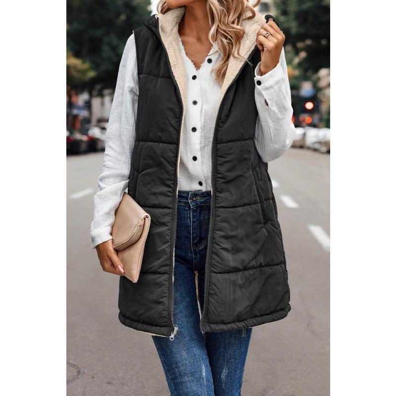 Women's 2024 Fall Reversible Vest Sleeveless Wool Jacket Zipper Hoodie Pocket Long Warm Winter Coat