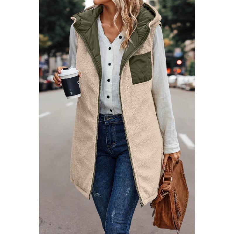 Women's 2024 Fall Reversible Vest Sleeveless Wool Jacket Zipper Hoodie Pocket Long Warm Winter Coat