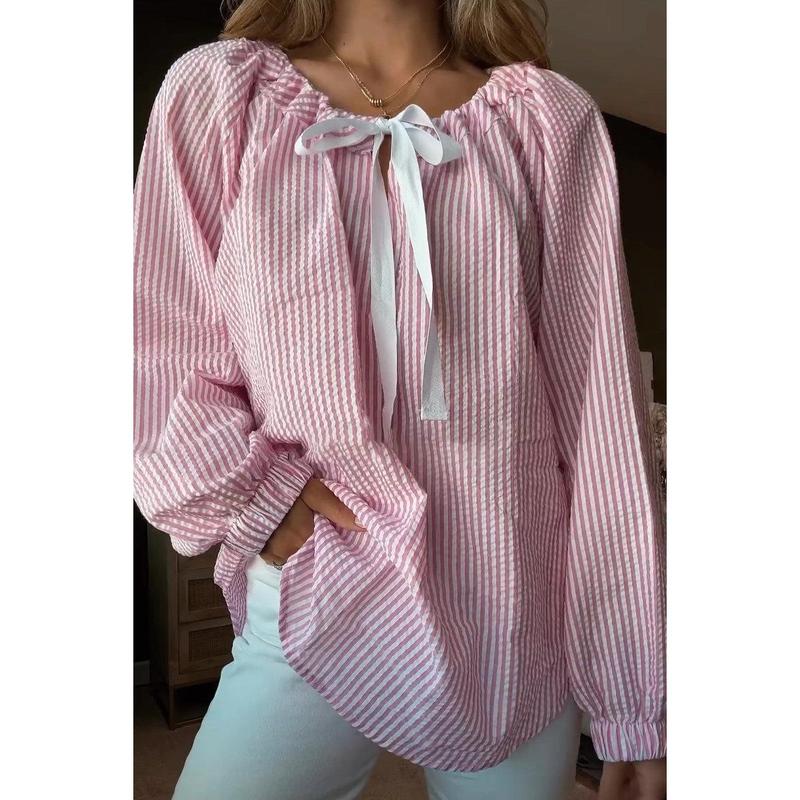 2024 Hot Sale Popular Women's Autumn and Winter Clothing Shirt Chiffon Shirt Casual Striped Lace-up Top