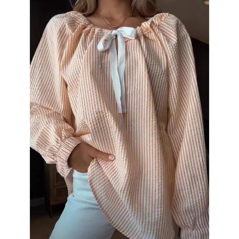 2024 Hot Sale Popular Women's Autumn and Winter Clothing Shirt Chiffon Shirt Casual Striped Lace-up Top