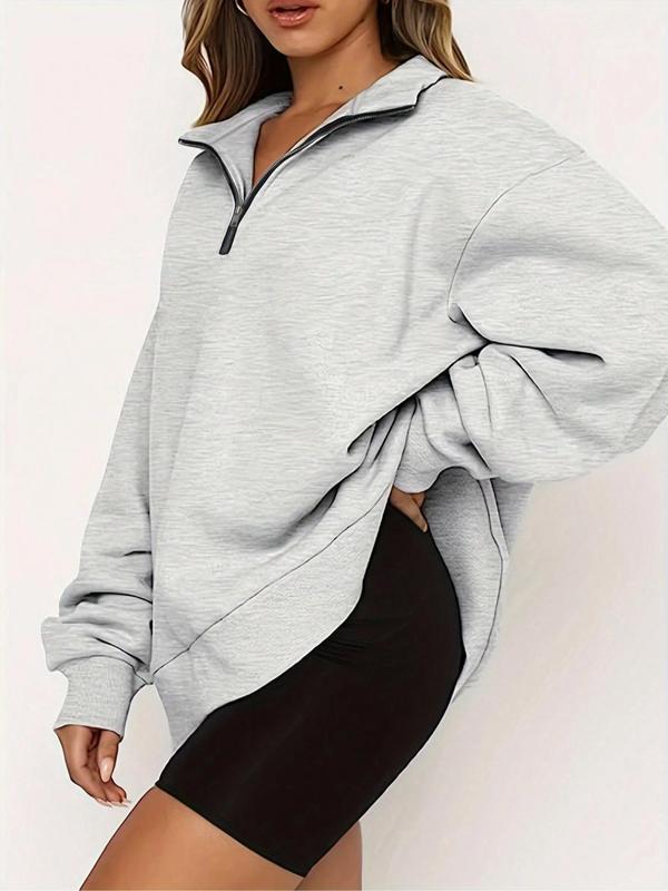  Solid Half Zip Drop Shoulder Sweatshirt, Casual Long Sleeve Funnel Neck Pullover for Fall & Winter, Women's Clothes for Daily Wear