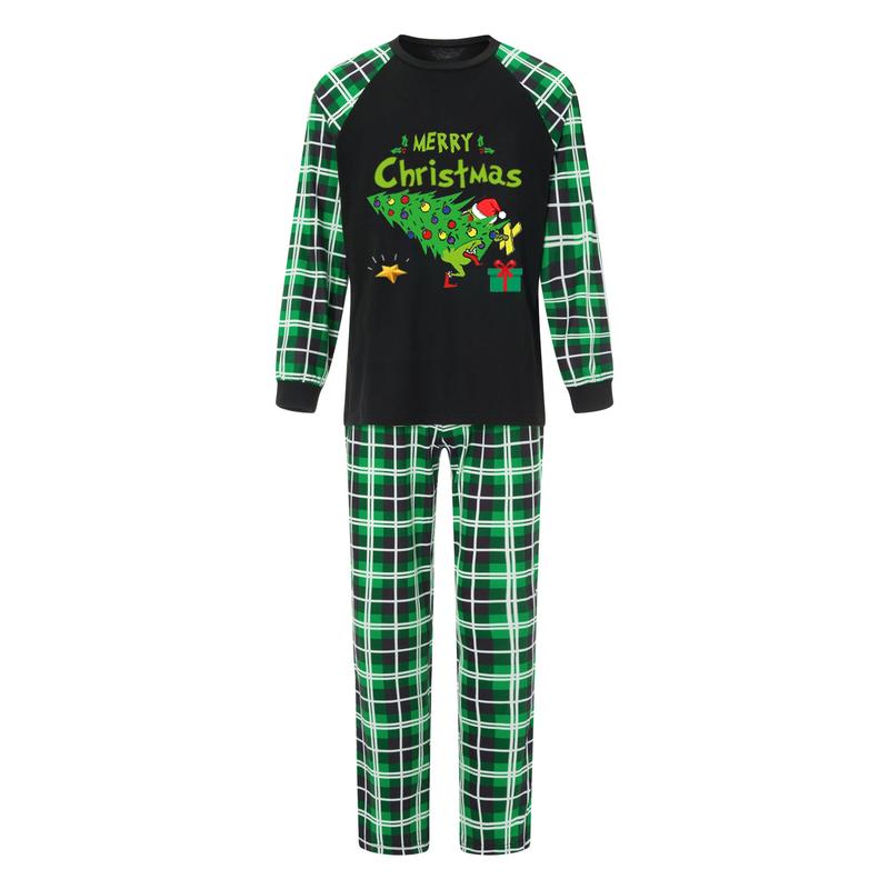 Christmas Pajamas for Family Funny Elf Stole Tree Print Long Sleeve Tops + Trousers Set Holiday Nightwear