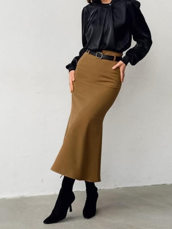 Women's Solid Zipper Mermaid Skirt, Elegant Fashion Casual High Waist Long Skirt for Daily Outdoor Wear, Women Clothing for Fall & Winter