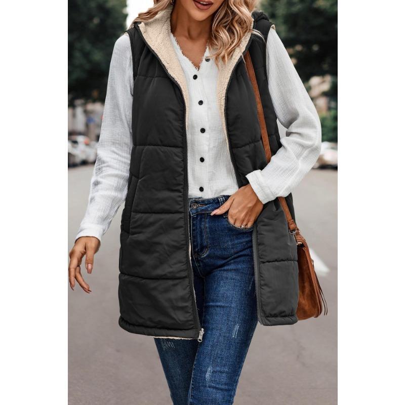 Women's 2024 Fall Reversible Vest Sleeveless Wool Jacket Zipper Hoodie Pocket Long Warm Winter Coat