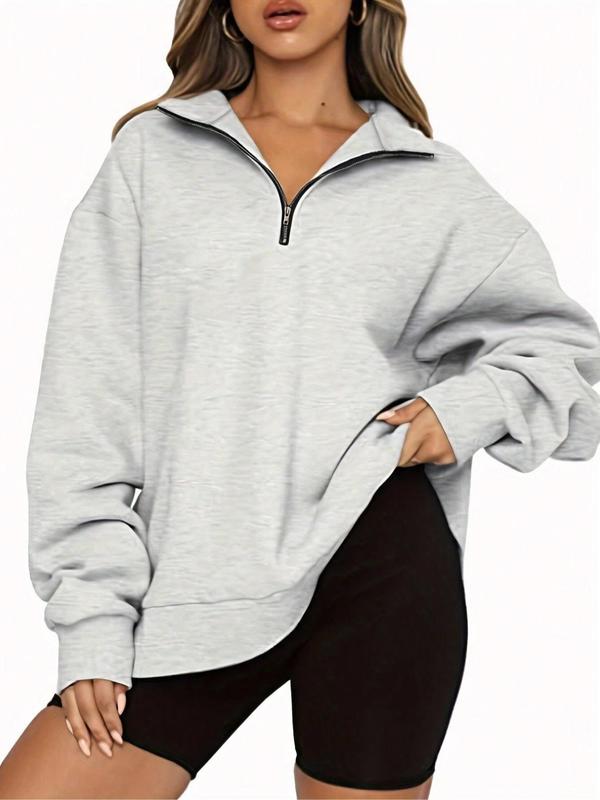  Solid Half Zip Drop Shoulder Sweatshirt, Casual Long Sleeve Funnel Neck Pullover for Fall & Winter, Women's Clothes for Daily Wear