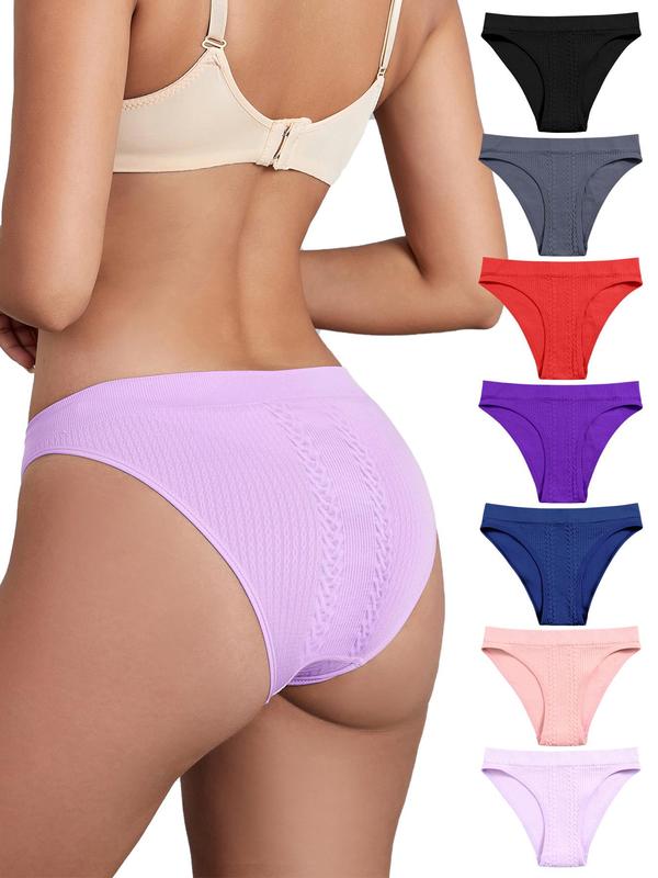 Women's 7pcs Solid Textured Knicker, Soft Comfy Breathable Panty for Daily Wear, Underwear for All Seasons