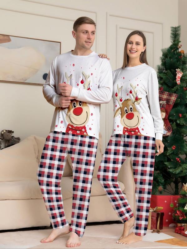 Christmas Themed Couple Pyjama Set, Casual Comfy Cartoon Print Long Sleeve Top & Plaid Print Pants Pajama Set, Couple Sleepwear for Spring & Fall