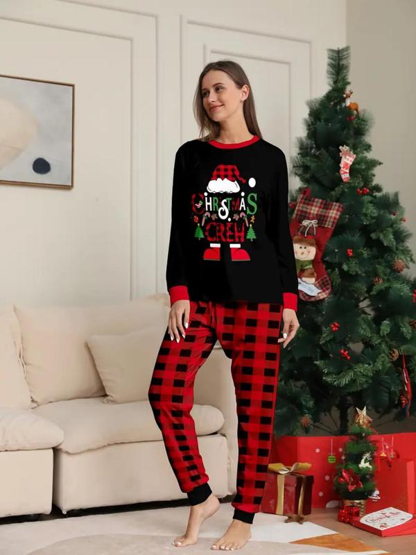 Christmas Themed Couple Pyjama Set, Casual Comfy Cartoon Print Long Sleeve Top & Plaid Print Pants Pajama Set, Couple Sleepwear for Spring & Fall