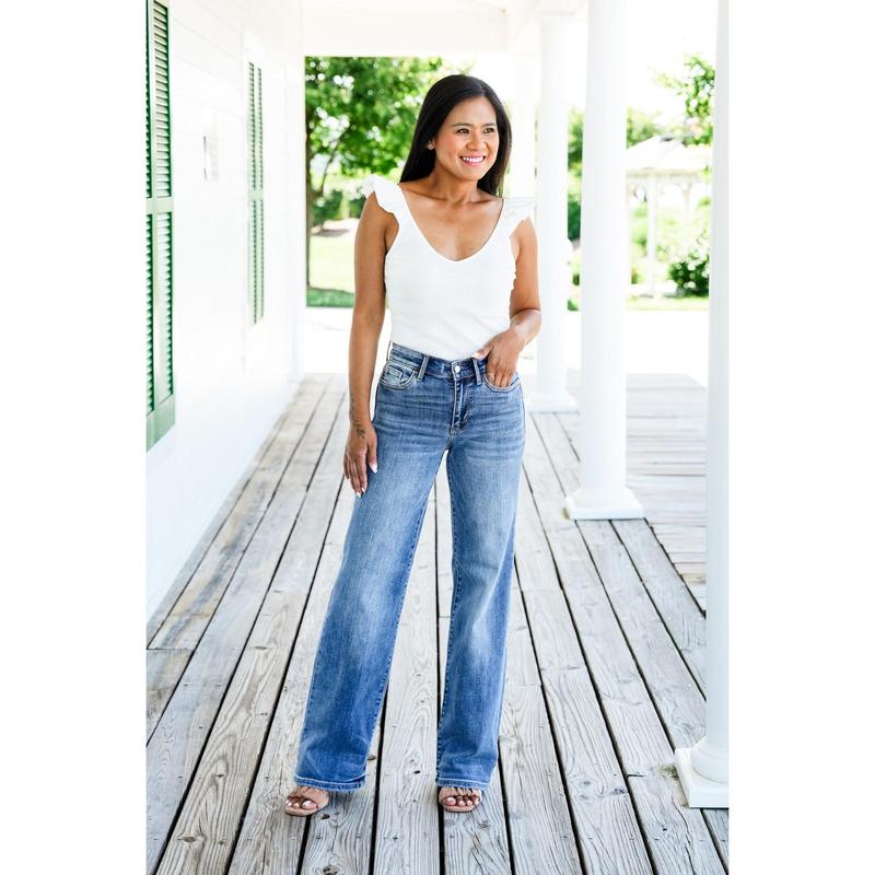 Judy Blue All I Ever Needed Mid Rise Vintage Wash Wide Leg Jeans